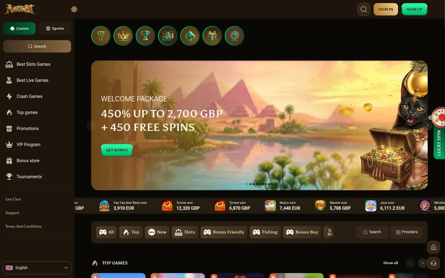 AmunBet’s homepage: the side menu, a welcome package banner over a desert scene, a row of recent wins and the game category bar