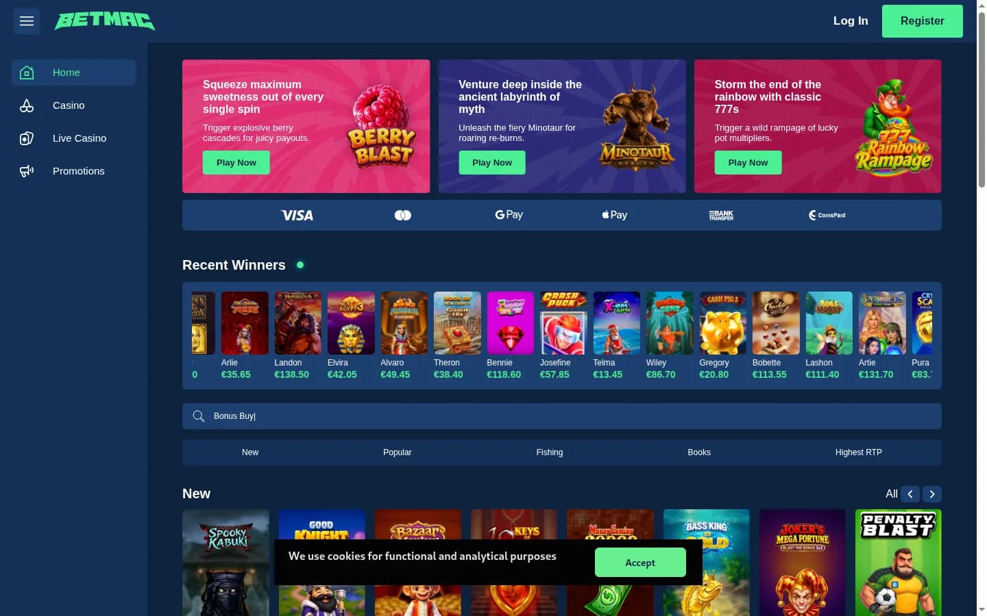 Betmac’s homepage: the side menu, three slot banners, payment method logos and a recent winners row in euros