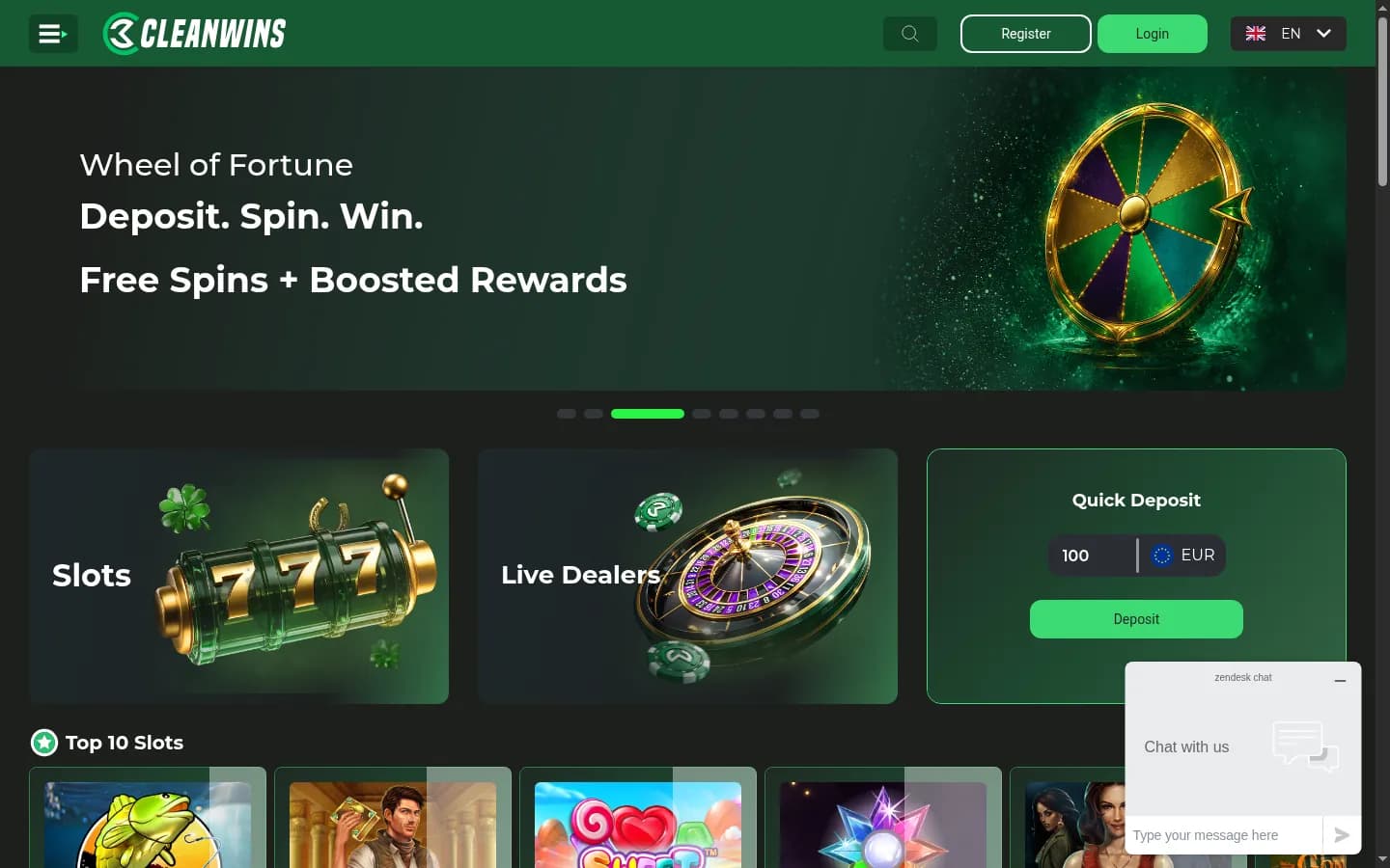 CleanWins’ homepage: a wheel of fortune banner, slots and live dealer tiles, a quick deposit box in euros and the top 10 slots