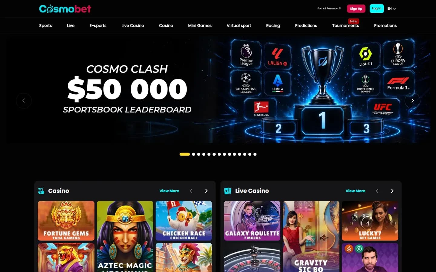 Cosmobet’s homepage: the sports and casino menu, a sportsbook leaderboard banner and the casino and live casino rows