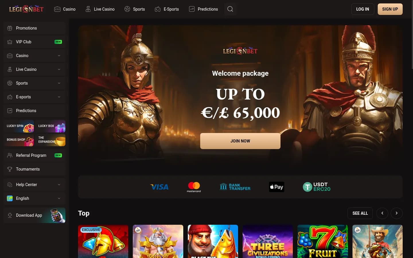 LegionBet homepage with a gladiator welcome banner, game menus and payment logos