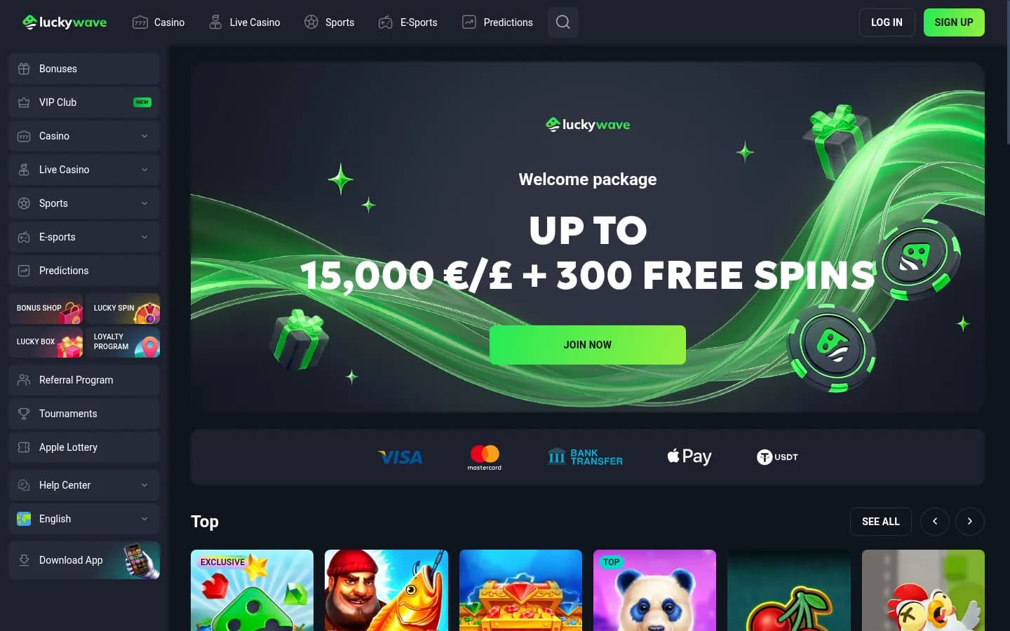 LuckyWave’s homepage: a green welcome package banner, the side menu, payment method logos and the top games row