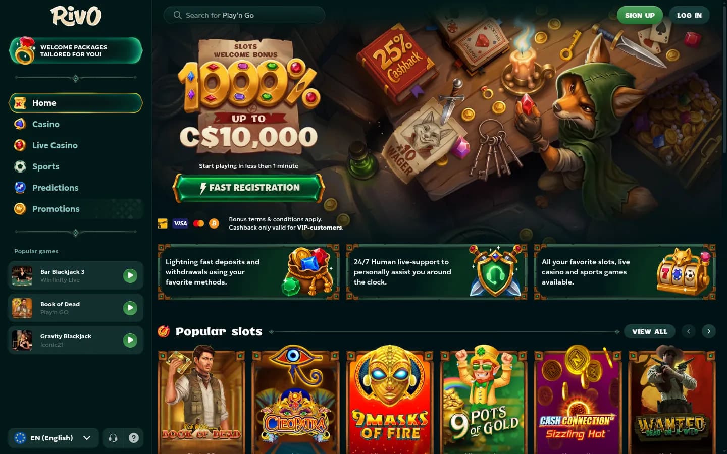Rivo Casino’s homepage: the side menu, a slots welcome bonus banner in Canadian dollars, three feature tiles and the popular slots