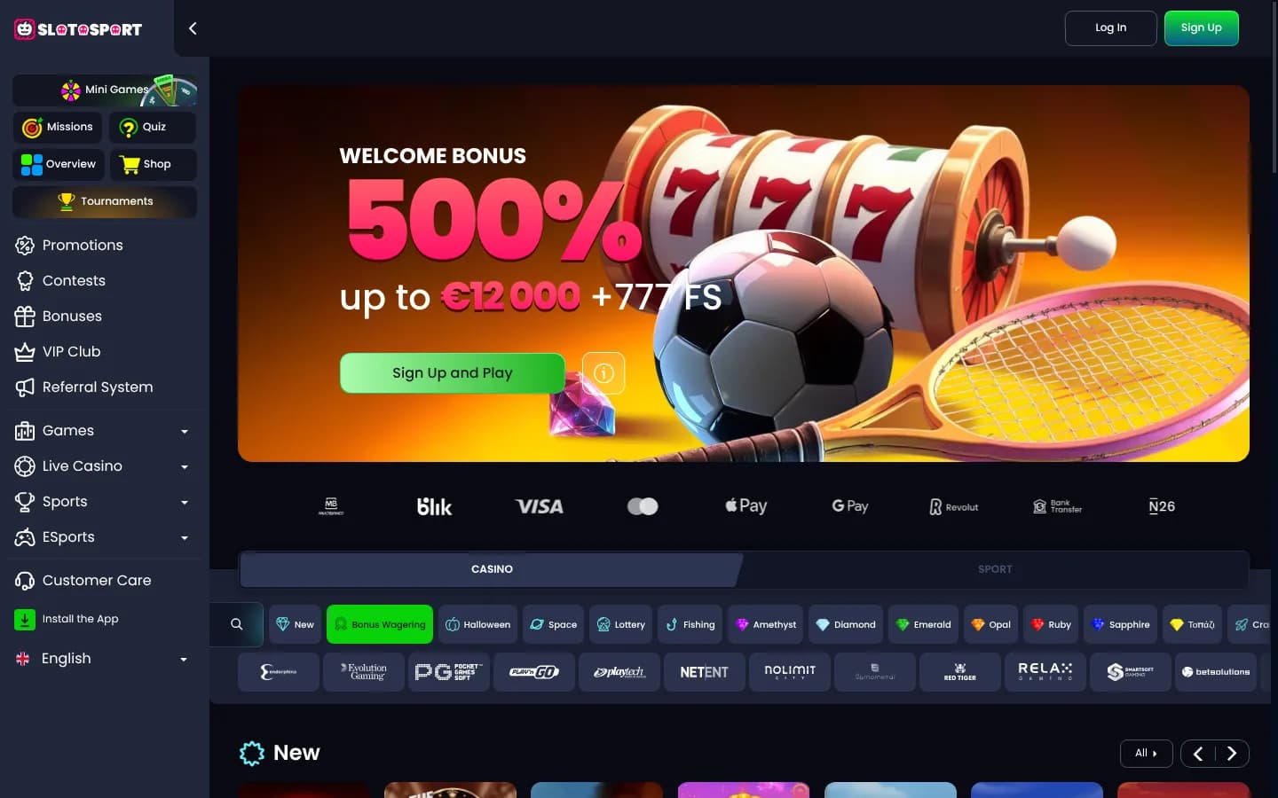 SlotoSport’s homepage: the side menu, a welcome bonus banner in euros, a row of payment logos and the casino game categories