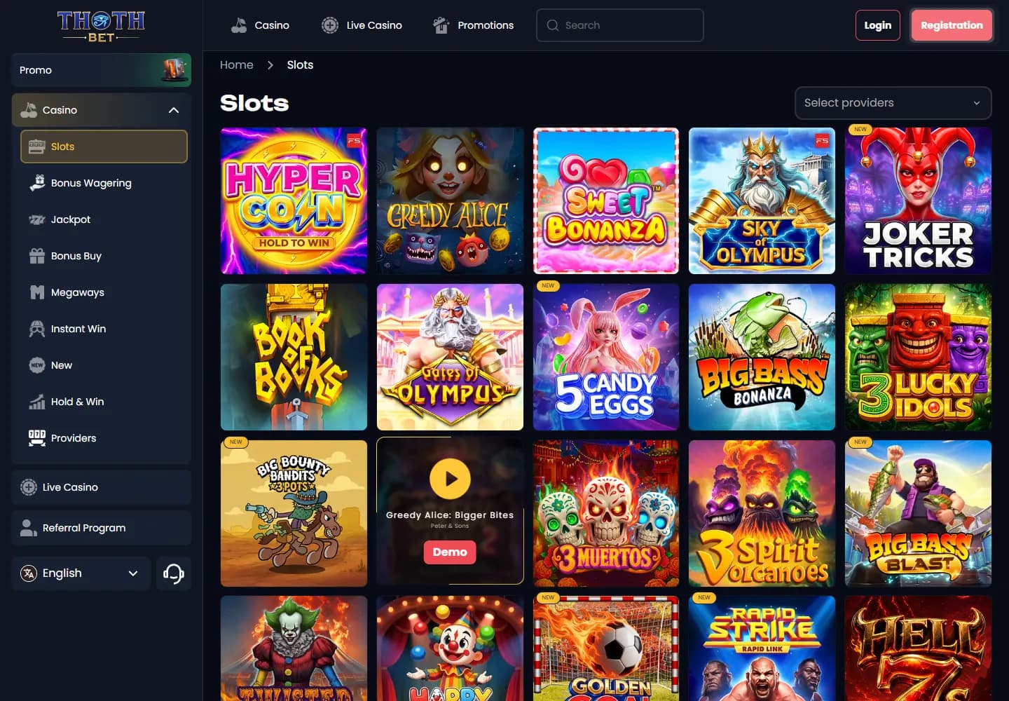 Totbet’s public slots lobby with category navigation and a provider filter above the game tiles