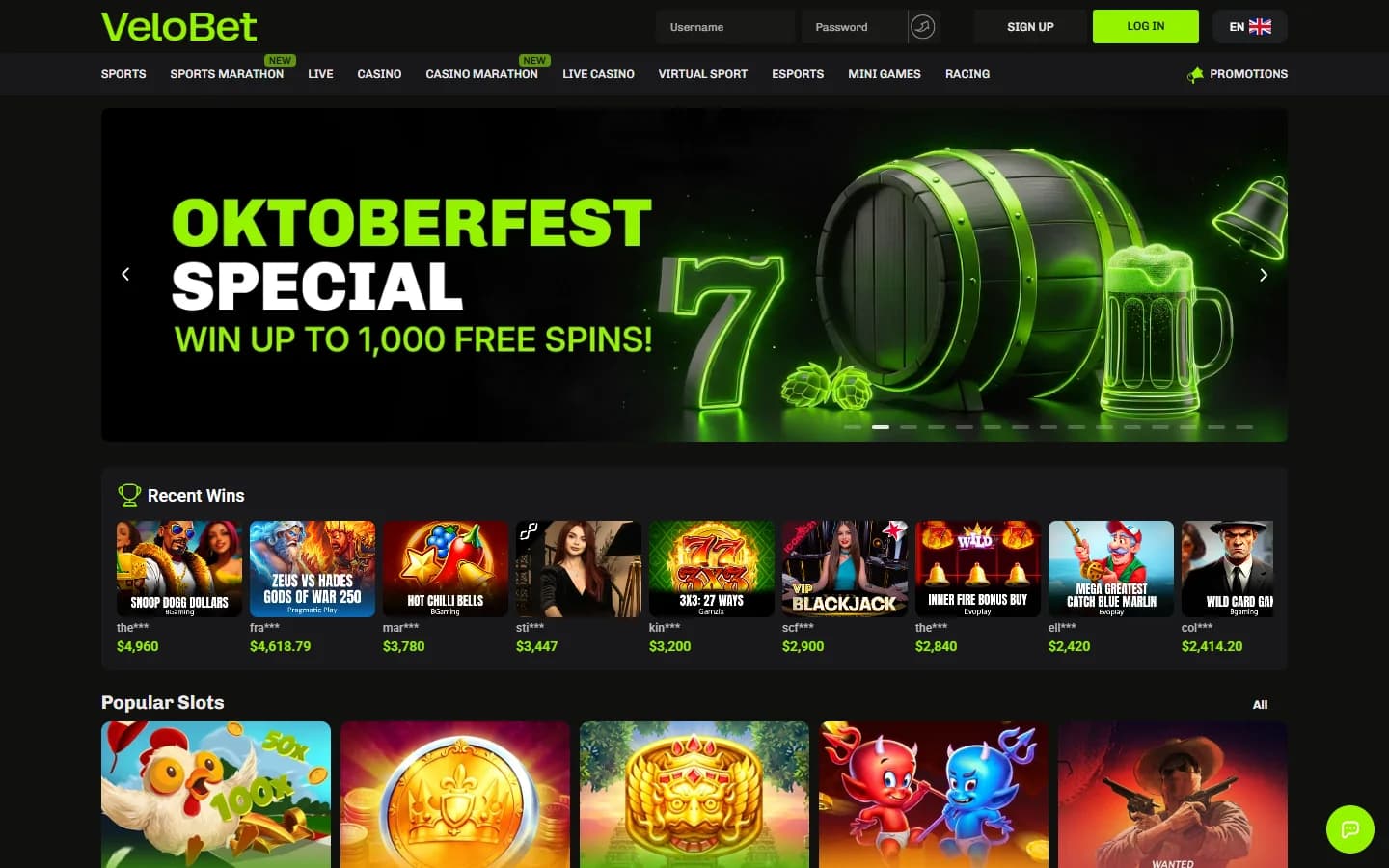 Velobet’s homepage: the sports and casino menu, a free spins banner, a recent wins row and the popular slots