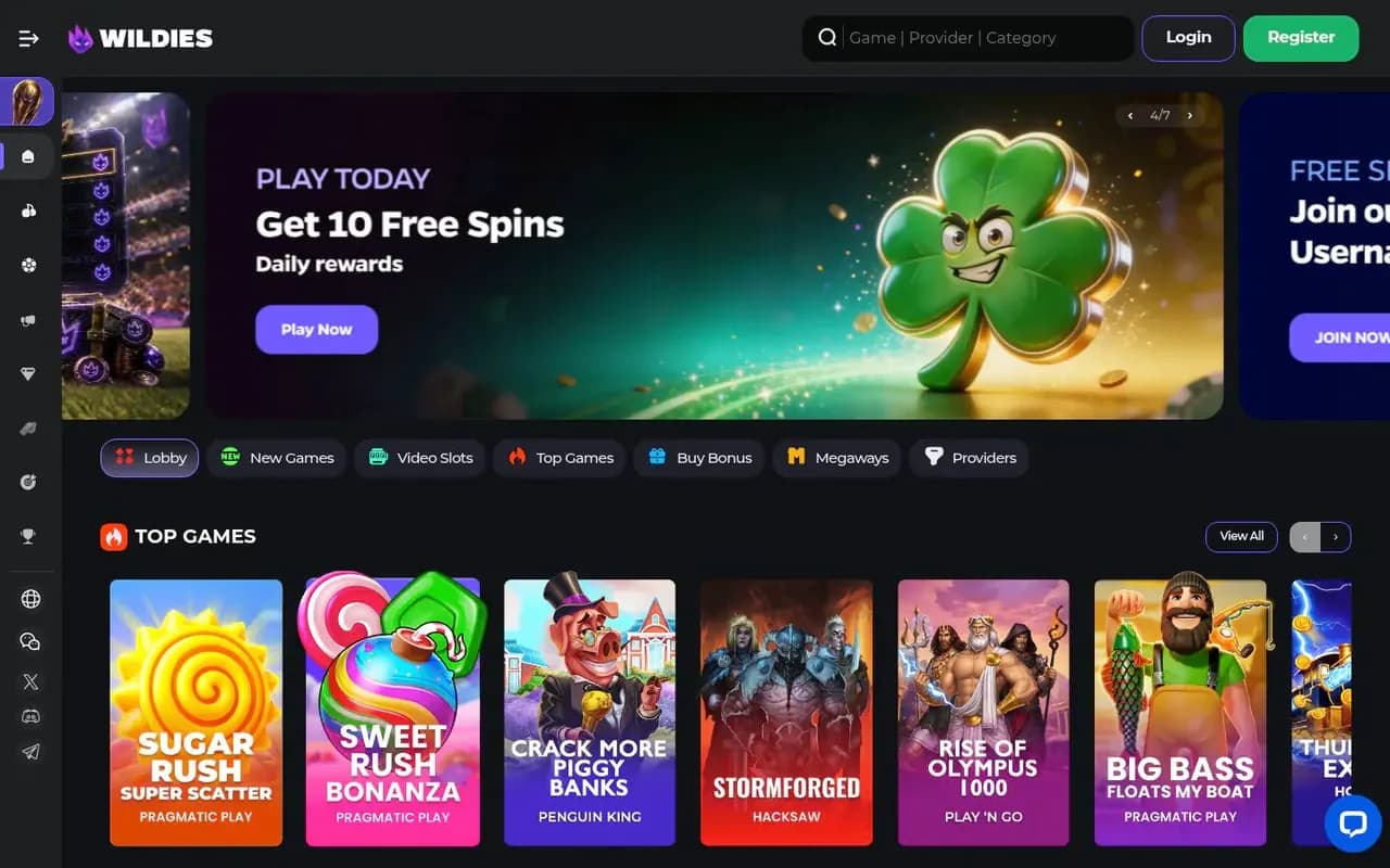 Wildies’ homepage: a game search, a free spins banner, the lobby categories and the top games row