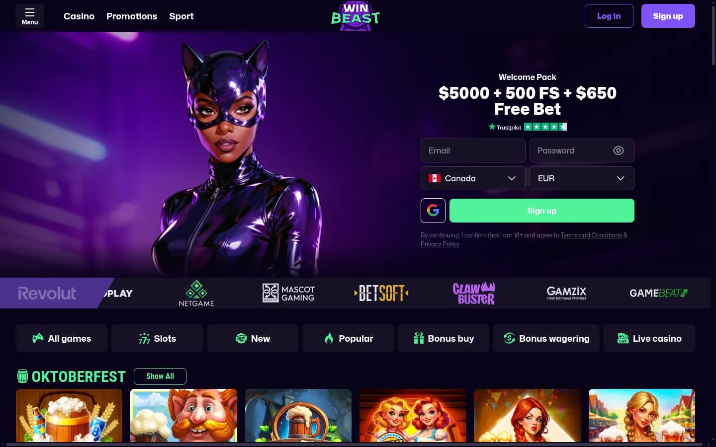 WinBeast’s homepage: a welcome pack banner in dollars beside the sign-up form, a row of game provider logos and the game category buttons