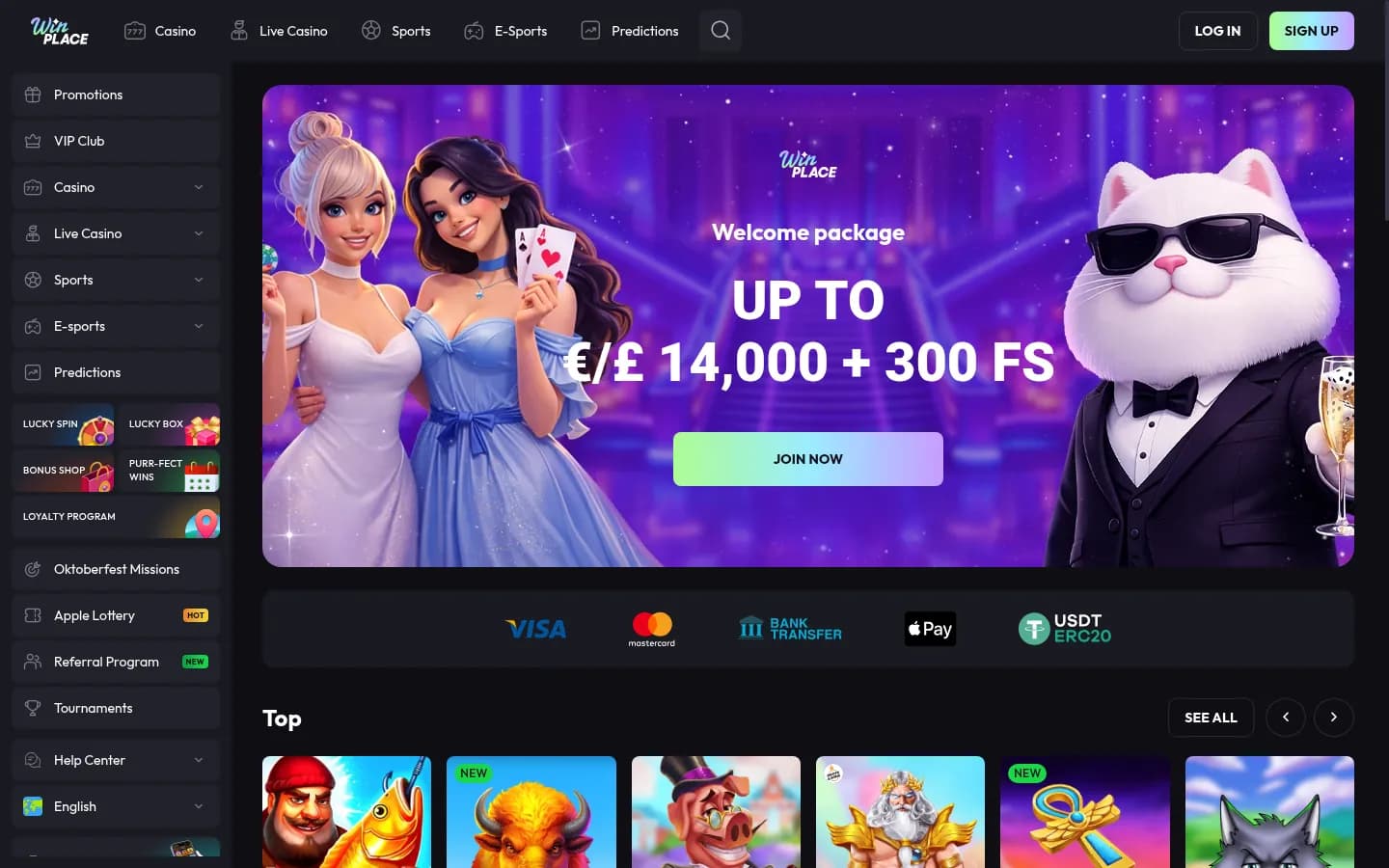 Win Place’s homepage: a welcome package banner with two cartoon card players and a cat in a tuxedo, the side menu, payment method logos and the top games row