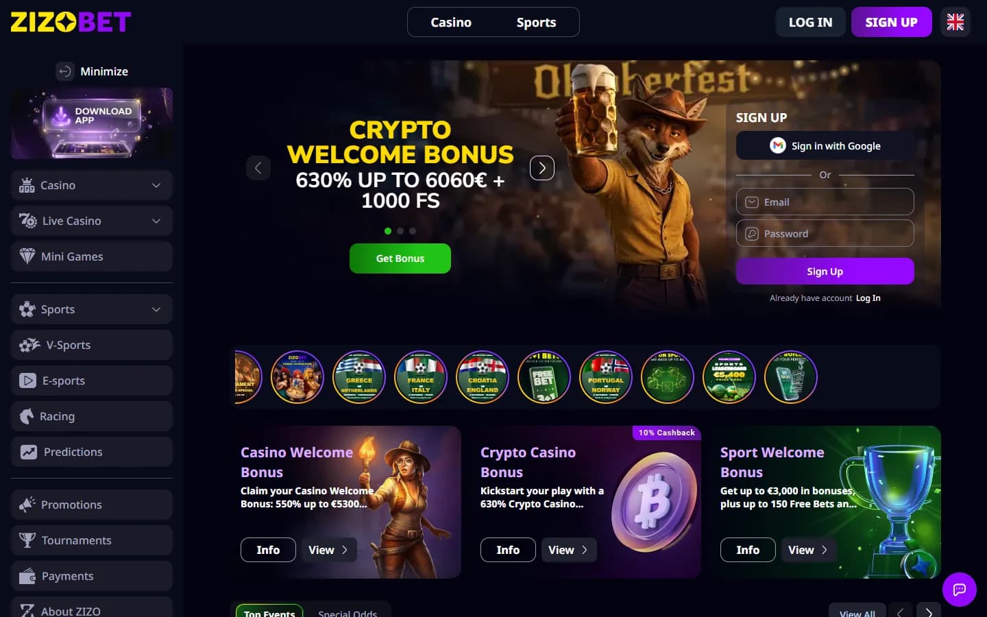 Zizobet’s homepage: the casino and sports menu, a welcome bonus banner in euros, a sign-up panel and three bonus tiles