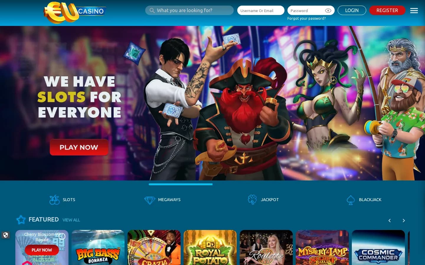 EUcasino’s homepage: the login fields, a slots hero, the game categories and the featured games row