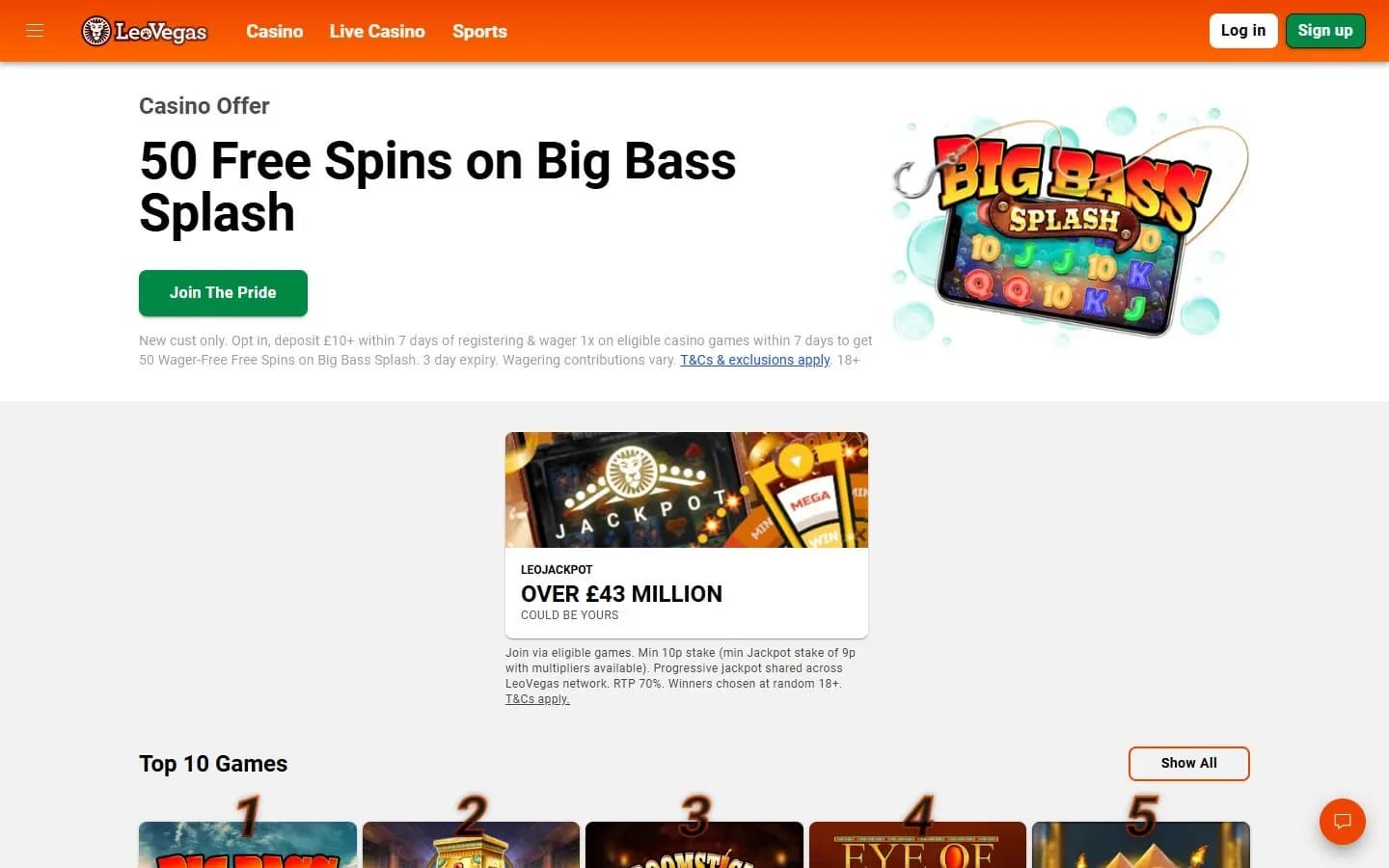 LeoVegas’ homepage: the casino offer panel with its terms, a jackpot tile and the top 10 games