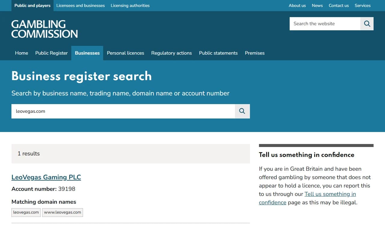 The Gambling Commission’s business register search for leovegas.com, with one result: LeoVegas Gaming PLC, account number 39198, and the matching domain names leovegas.com and www.leovegas.com